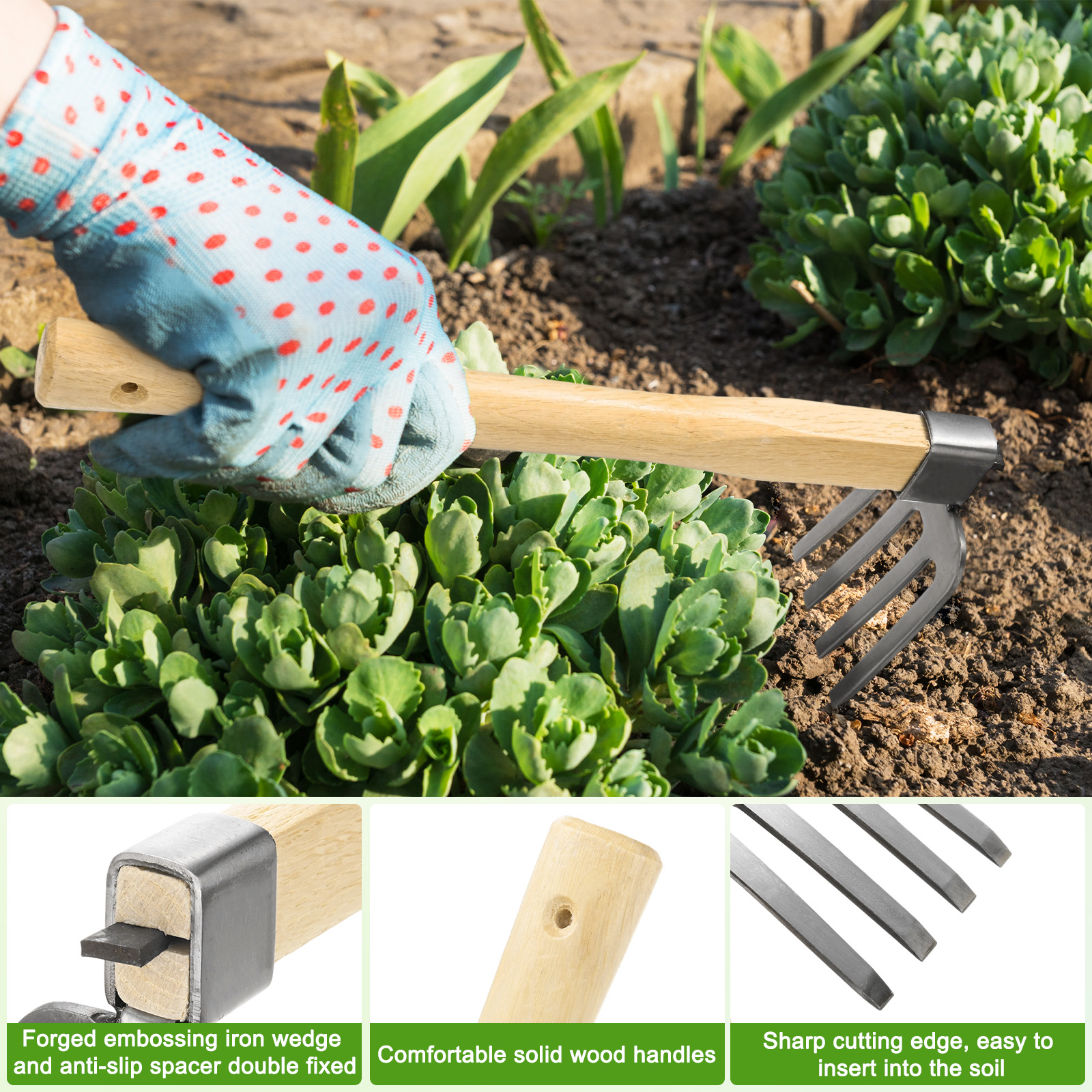 Unique Bargains Japanese Hand Tiller/Rake for Garden, 15 Inches Stainless Steel Cultivator  with Garden Hoe for Digging, Weeding, and Planting, Gardening Tool with Wooden Handle