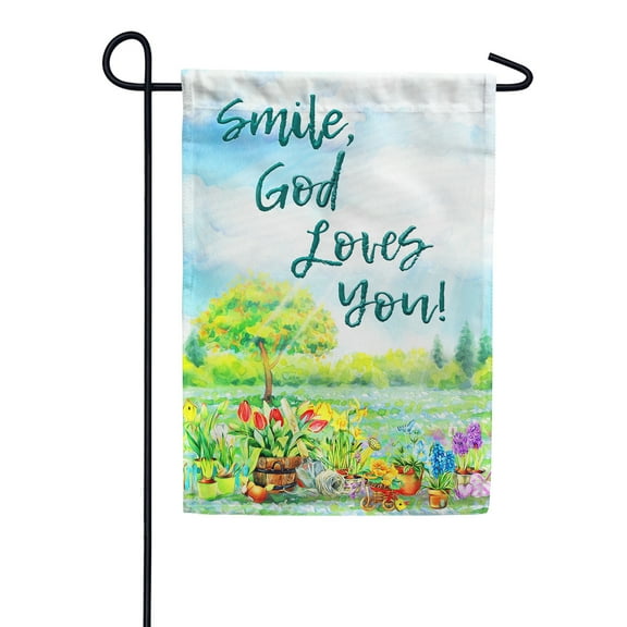 America Forever Smile God Loves You Garden Flag 12.5 x 18 inch Religious Christian Faith Motivational Double Sided Tulip Sunflower Floral Yard Outdoor Decorative Inspirational Quote Positive Flag