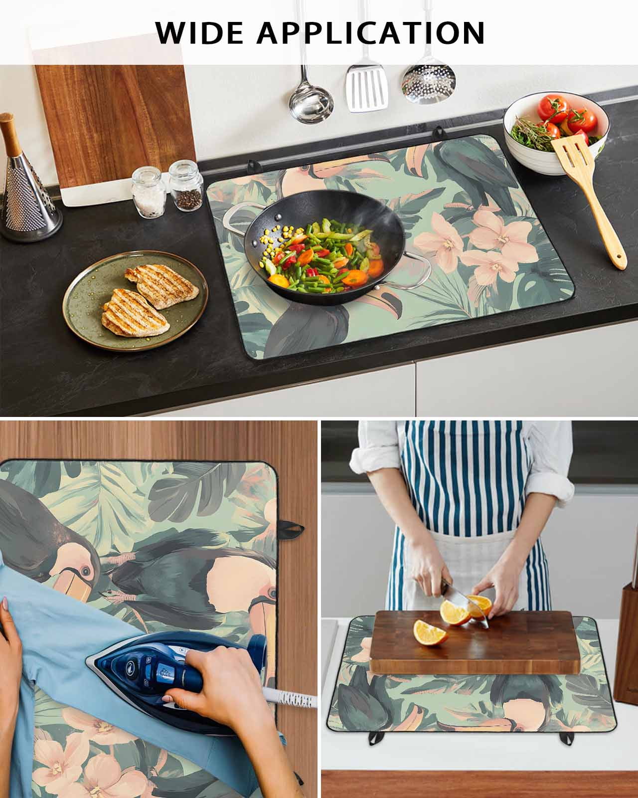 nqOlkjepod Large Induction Cooktop Protector Mat 24"x21", Summer Parrot Stove Top Covers for Electric Stove, Tropical Bloom Pink Flower Palm Leaf Stove Burner Cover Mats, Glass Top Stove Cover