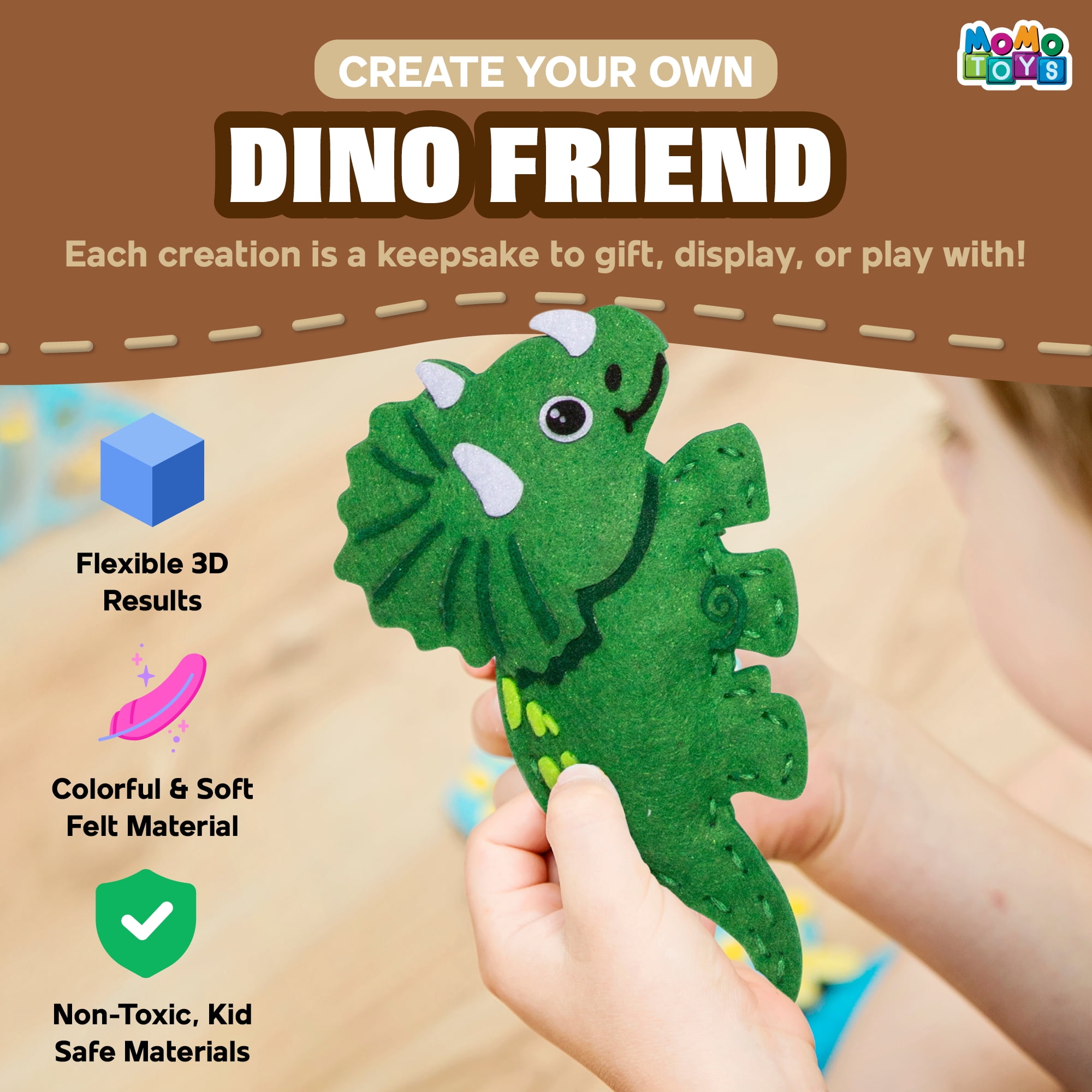 MOMOTOYS Kids Sewing Kit Toys, DIY Dinosaur Plush Craft Supplies for Ages 7-12