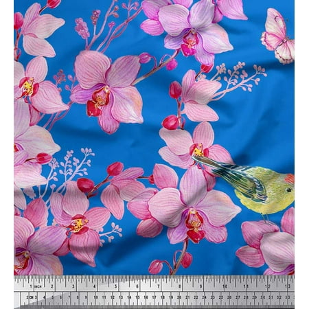 Soimoi polyester Crepe Fabric Bird & Orchids Flower Print Fabric by the Yard 52 Inch Wide