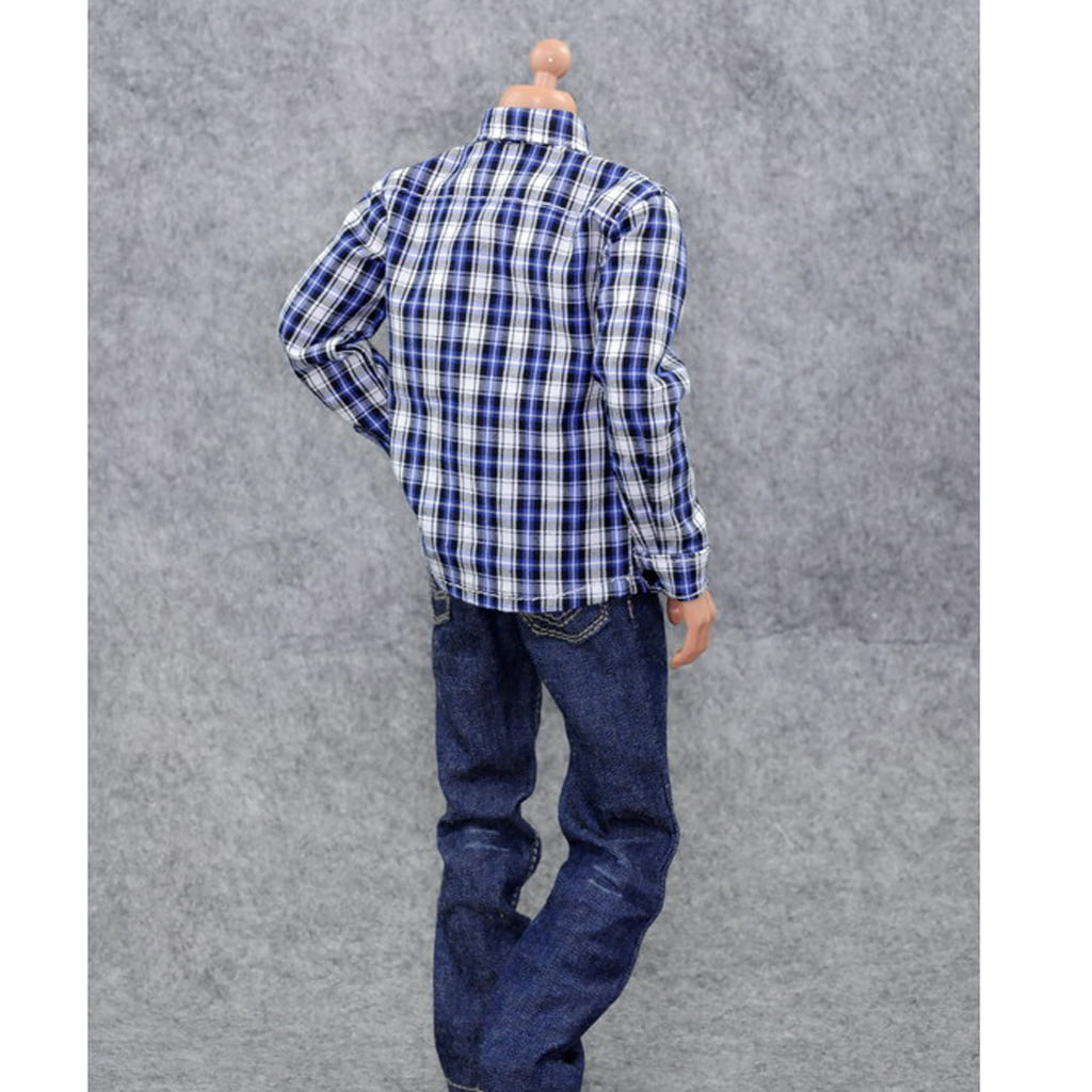 1/6 Male Clothing Blue White Checked Shirt+Jeans Pants Pattern Set For 12"Figure 