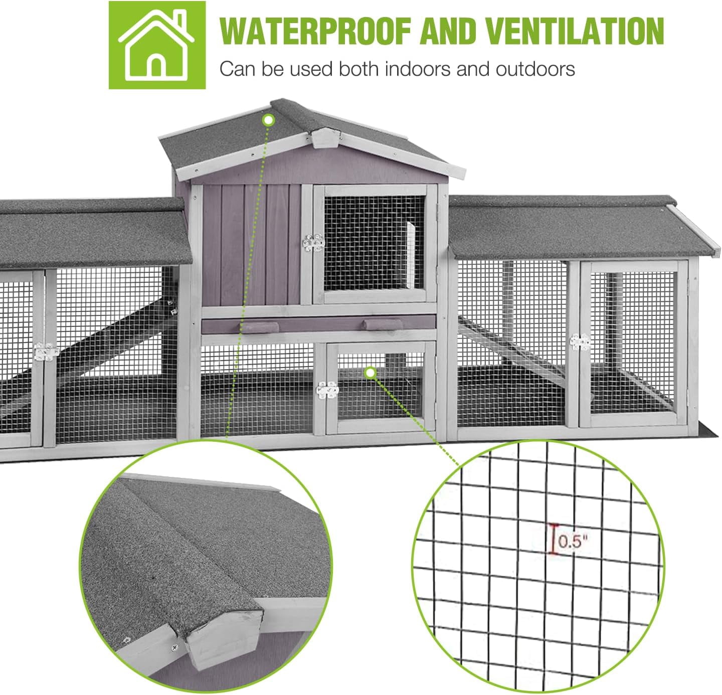 BUTINGLALE Rabbit Hutch Outdoor Large Chicken Coop with Cleaning Tray and Waterproof Roof Wooden Bunny Hutch PVC Floor Bottom for Small and Medium Bunny Rabbit Chick 87.8" L