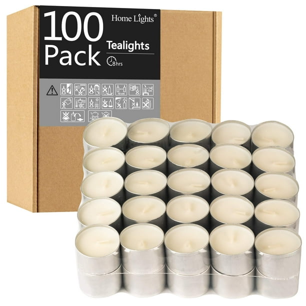 Velas Tealight HomeLights, paquete de 100 unidades, 8 horas, sin perfume, color blanco