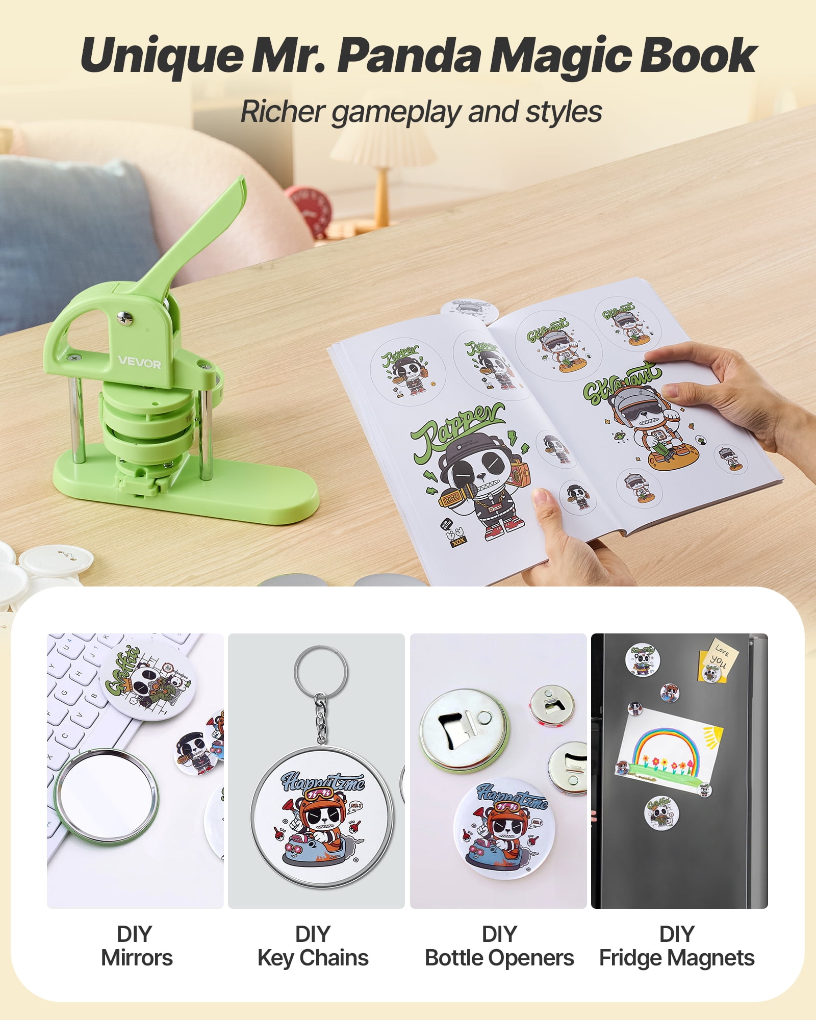 VEVOR Button Maker Machine, 1.26/2.28 inch 2-in-1, Plastic Pin Maker with 200 pcs Button Parts, Circle Cutter and Magic Book, Reinforced Ergonomic Handle, for DIY Badges, Personalized Pins, Green
