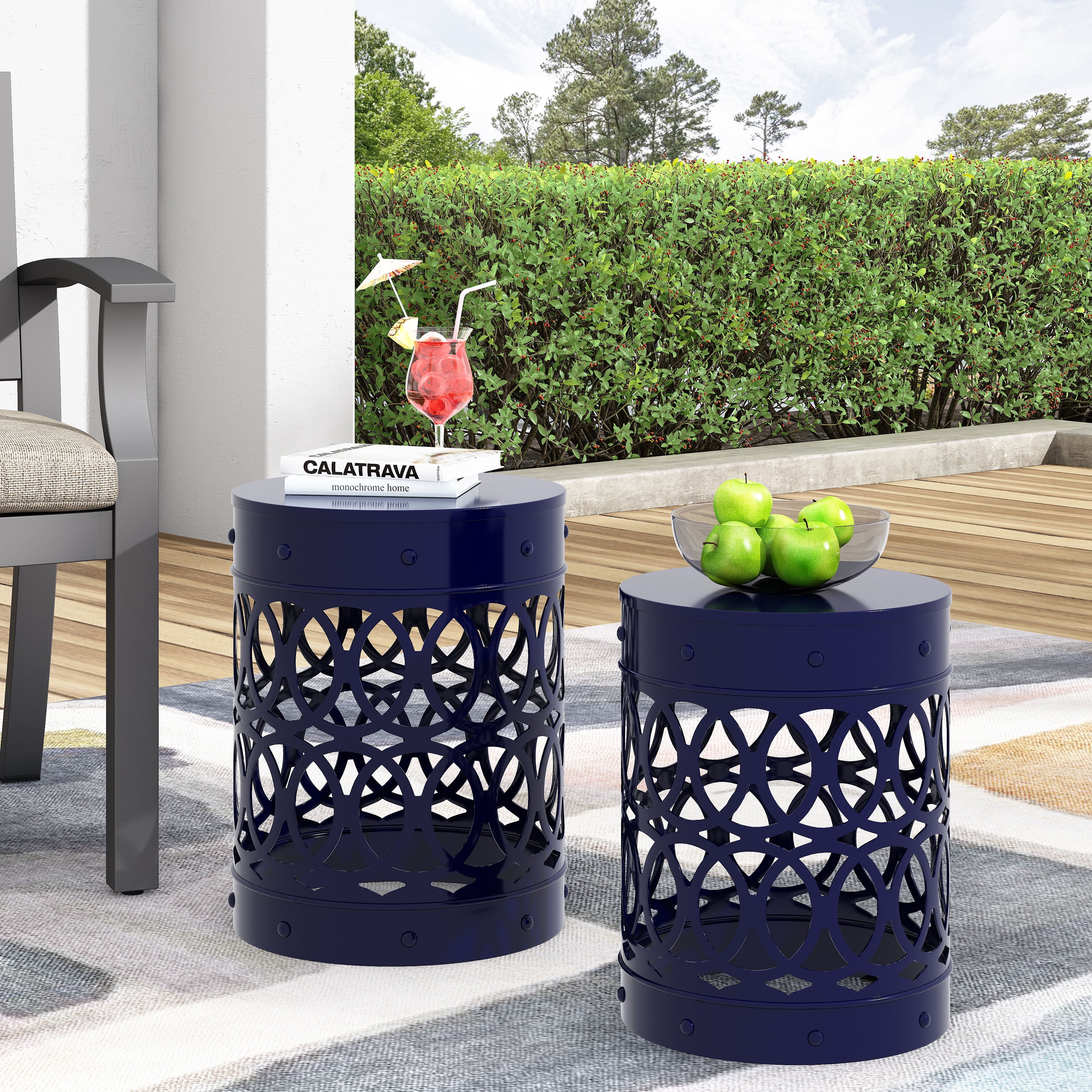 Outdoor Nesting Side Table Set of 2, Cylindrical Hollow Out Iron Structure for Patio Garden, Navy Blue