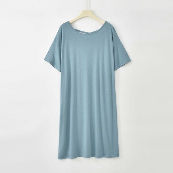 Women's Oversized Midi Nightgown Soft Knit Short Sleeve Pajamas Dress with Side Pockets for Daily Bedroom Loungewear Blue XXL