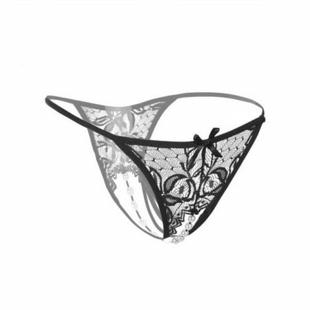 - Women Lace Crotchless Panties Crotch Thong With Pearls Massaging Underwear BK