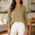 thumbnail image 7 of Qzwdhjm Womens 3/4 Sleeve Tops Stand V Neck Linen Top with Asymmetric Hem Side Pleated Loose Casual Shirts for Summer Going Out, 7 of 7