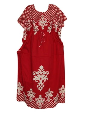 Mogul Women Red Floral Print Kaftan Kimono Sleeves Round Neck Sleepwear Cover Up Caftan Dress