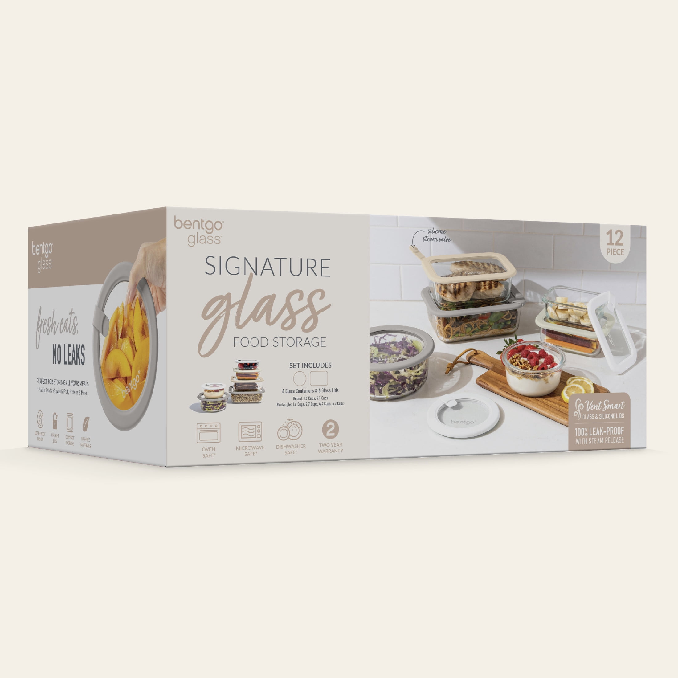 Bentgo Signature Leak-Proof Glass Food Storage - 12-Piece Set, 1-Compartment Plastic-Free Containers with Airtight Glass Lids, BPA-Free, Microwave, Freezer, Oven & Dishwasher Safe (White Stone)