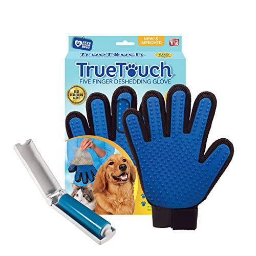 True Touch Five Finger Deshedding Glove- Premium Version, Gentle Grooming,  Great Cats & Dog, Long or Short Fur- Includes 1 Authentic Right Hand True  Touch & 1 Lint Roller 