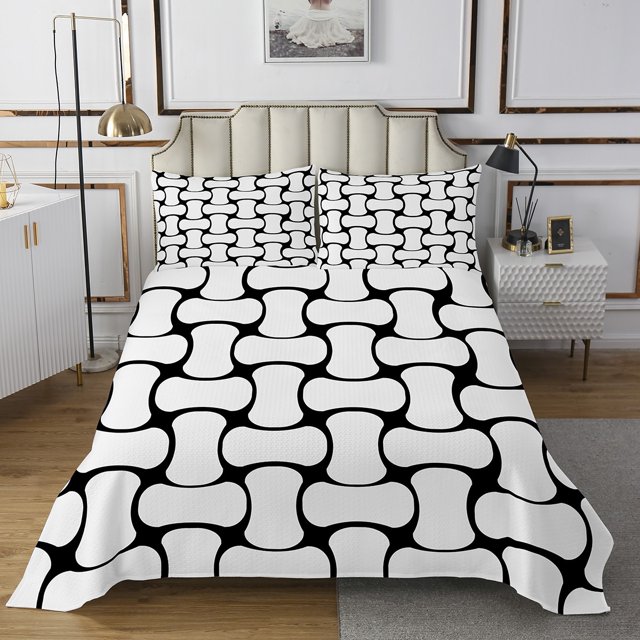 Erosebridal Modern Abstract Patchwork Bedspread Sets King Size, Abstract White Black Bed Quilt 3 Pieces