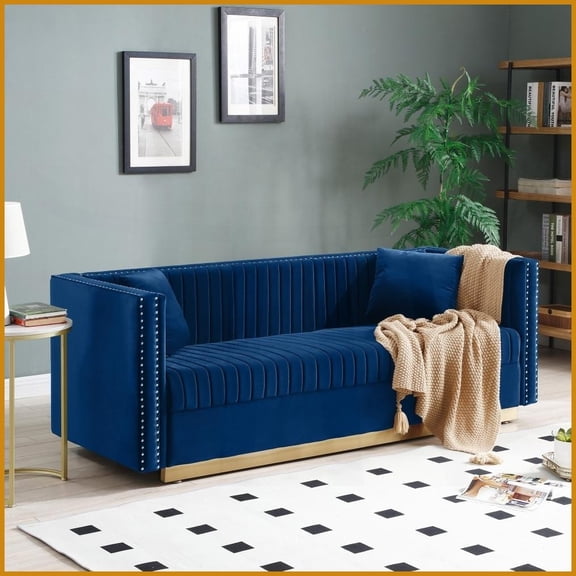 Modern Vertical Channel Tufted Velvet Sofa - Blue Upholstered Couch with 2 Pillows for Living Room & Apartment