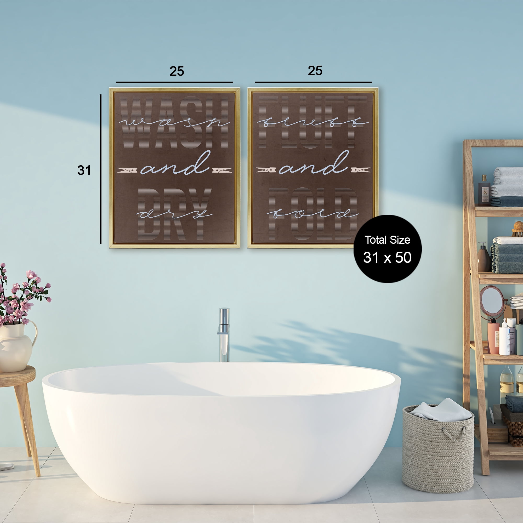 Laundry Words in Brown 2 Piece Gold Framed Floater Canvas Set, design by Marcus Prime