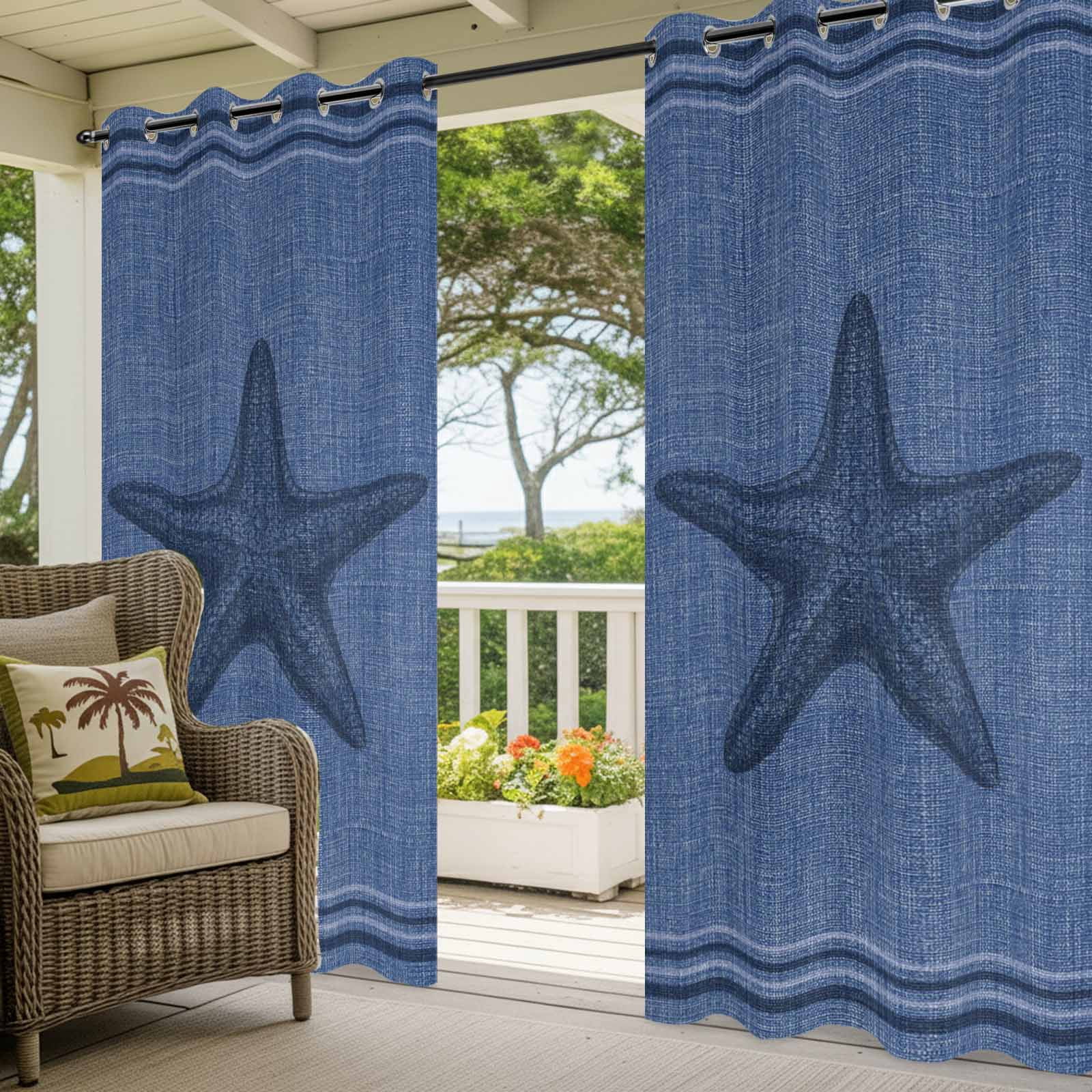 Ocean Starfish Outdoor Curtains for Patio, Nautical Coastal Navy Blue Beach Marine Life Black Stripe Sunshade Privacy Drapes Grommet Waterproof Outside Curtains for Porch Balcony 54"x108", 1 Panel