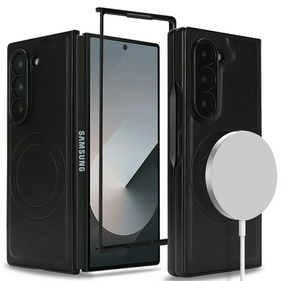 Vintage Case Designed for Samsung Galaxy Z Fold 6, PU Leather PC Magsafe Folding Case Shockproof Classic Anti-drop Anti-Scratch Phone Cover Compatible with Samsung Galaxy Z Fold 6, Black