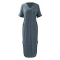 thumbnail image 5 of Women's Casual Loose Sundress 2024 T Shirt Dress Short Sleeve V Neck Solid Color Long Dress Side Split Leisure Dresses With Pockets Temperament Slim A-Line Midi Dresses, 5 of 6