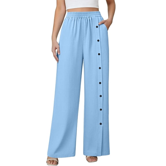 Side Button Wide Leg Pants for Women Cotton Linen Blend Elastic Waist Pockets Casual Trousers 2026 Trendy Fashion Wear for Daily and Casual Outings