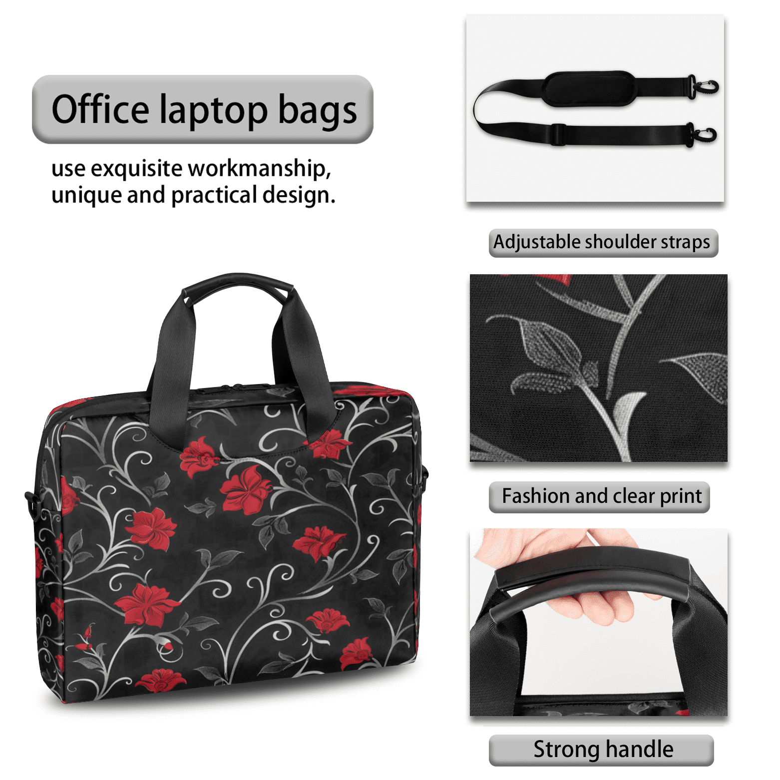 Herdesigns Retro Rad Floral Laptop Bag for Women Men, Computer Case Briefcase Messenger Bags, 15-15.6 inch Laptop Sleeve Shoulder Bag