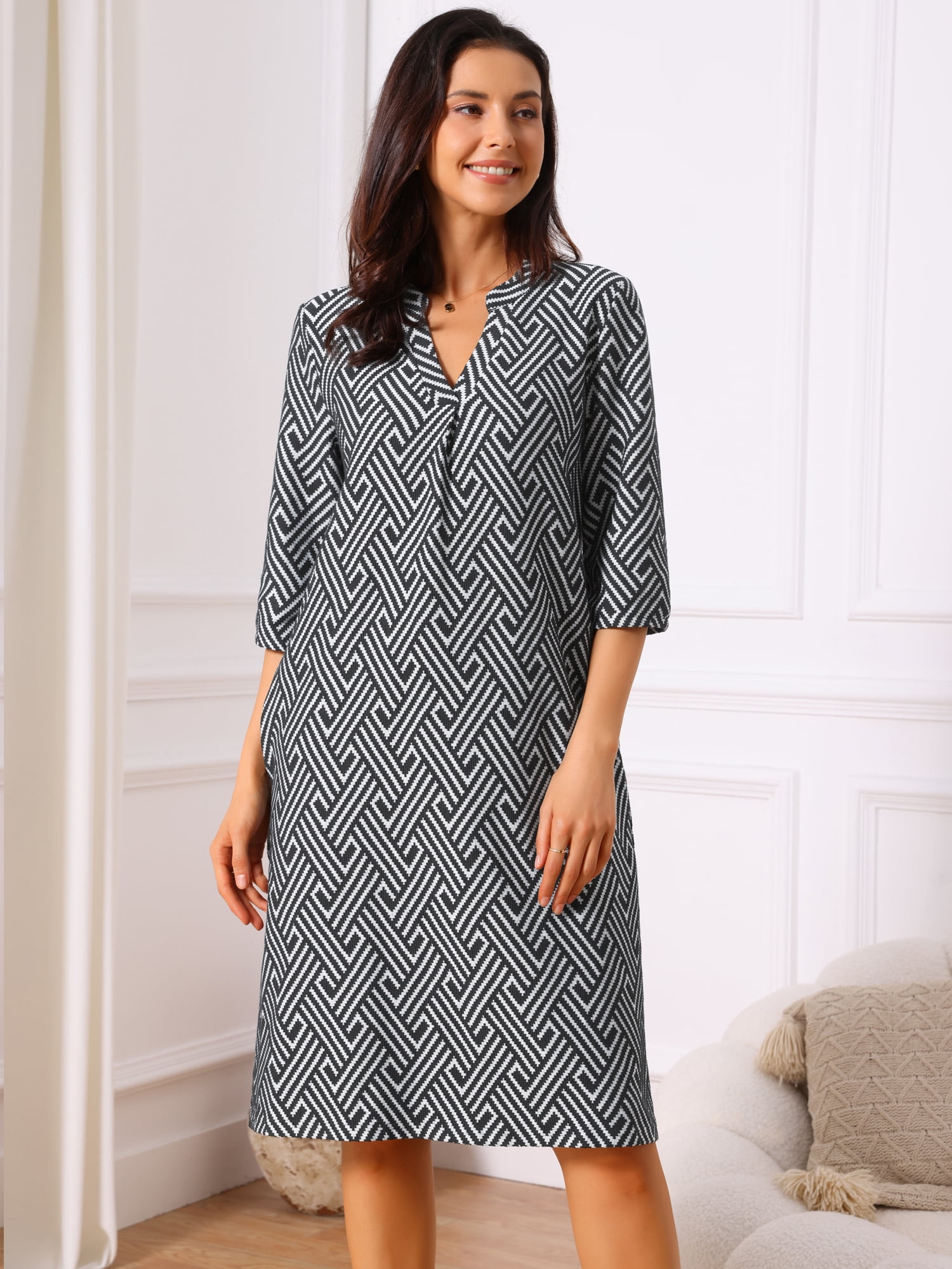 DARING DIVA Women's 3/4 Sleeve V Neck Zigzag Print Dress XL Black