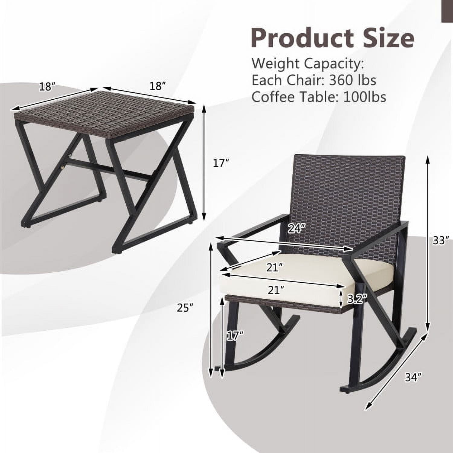 Aimee Lii 3 Piece Patio Wicker Rocking Chairs Set with Heavy-Duty Metal Frame, Backyard Furniture, White Aimee Lii 3 Piece Patio Wicker Rocking Chairs Set with Heavy-Duty Metal Frame, Backyard Furniture, White