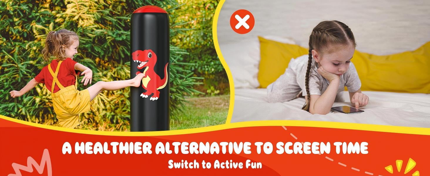 48" Inflatable Punching Bag for Kids, Lava Red Dinosaur with Black Pillar, Dinosaur Bop Bag for Boys & Girls Ages 3-8