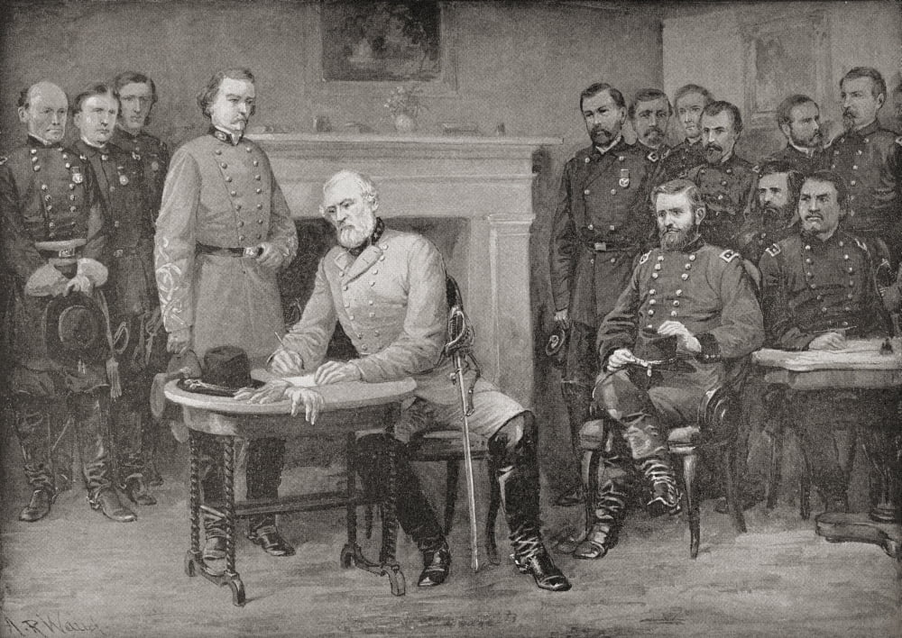 The Surrender Of General Lee To General Grant At Appomattox Courthouse Virginia America In 1865 Thereby Ending The American Civil War From Famous Men And Great Events Of The 19Th Century Canvas Art -
