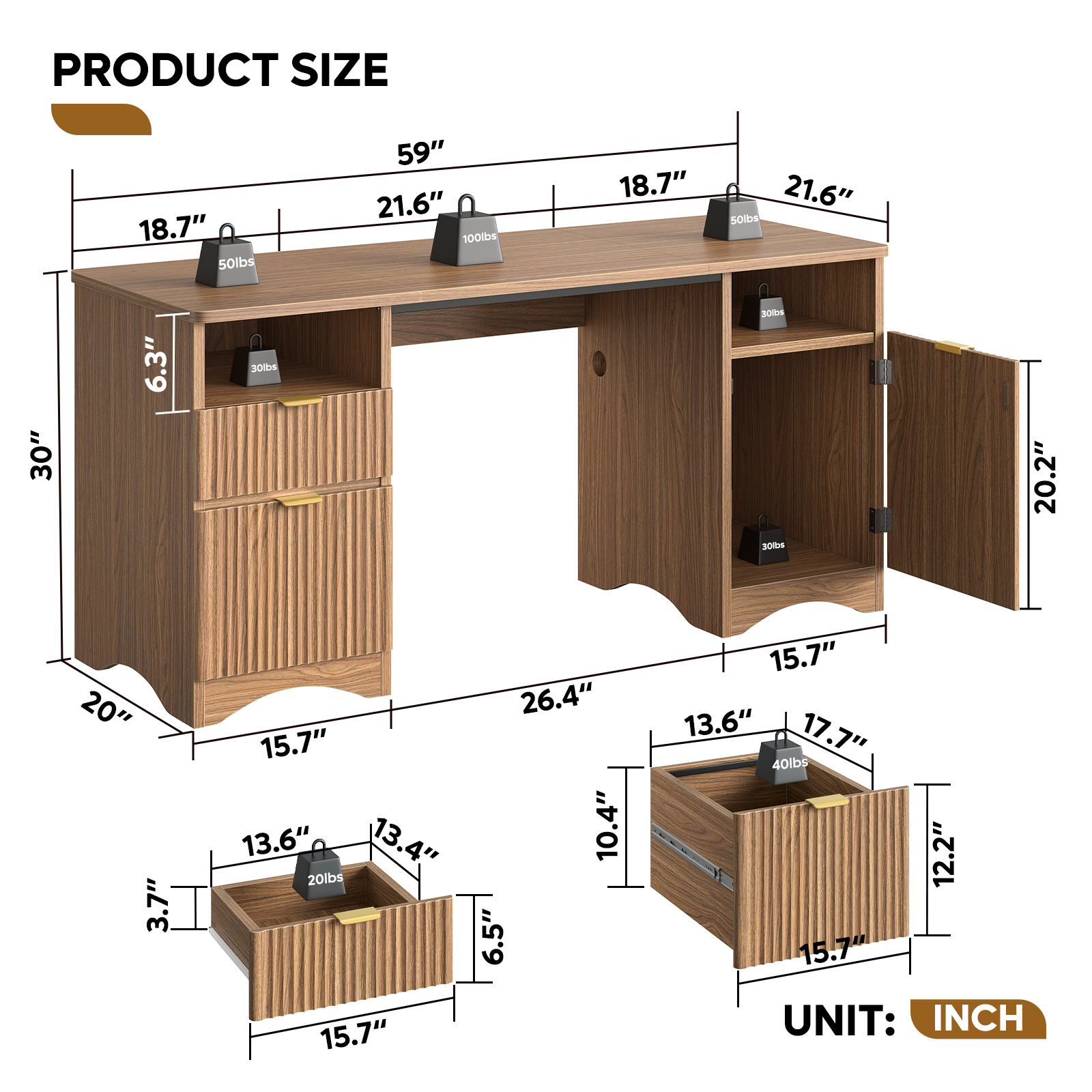 Bestier 59-Inch Modern Executive Desk with Storage, Brown photo 7