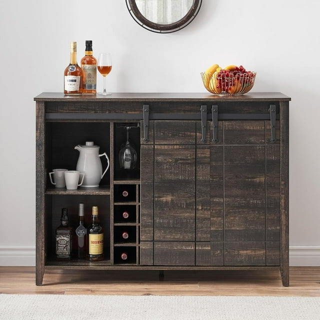 47" Coffee Bar Cabinet with Wine Rack & Sliding Barn Door for Dining Room