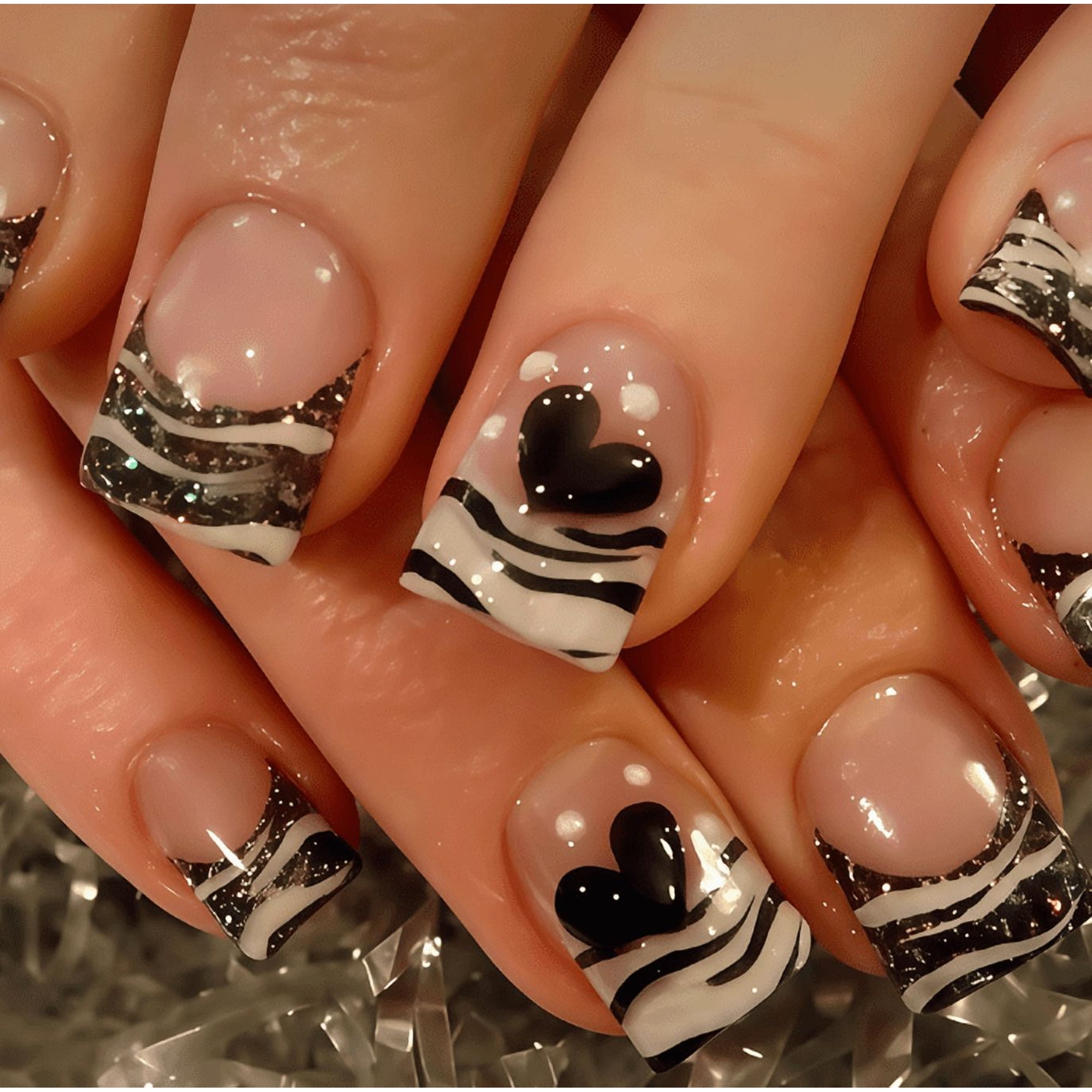 YTTAL (Buy 2 Get 1 Free, Buy 4 Get 2 Free) Short Square Press On Nails, Black Heart Zebra Striped Glitter French Fake Nails, 24PCS Reusable Acrylic Glue On Nails Manicure Kit