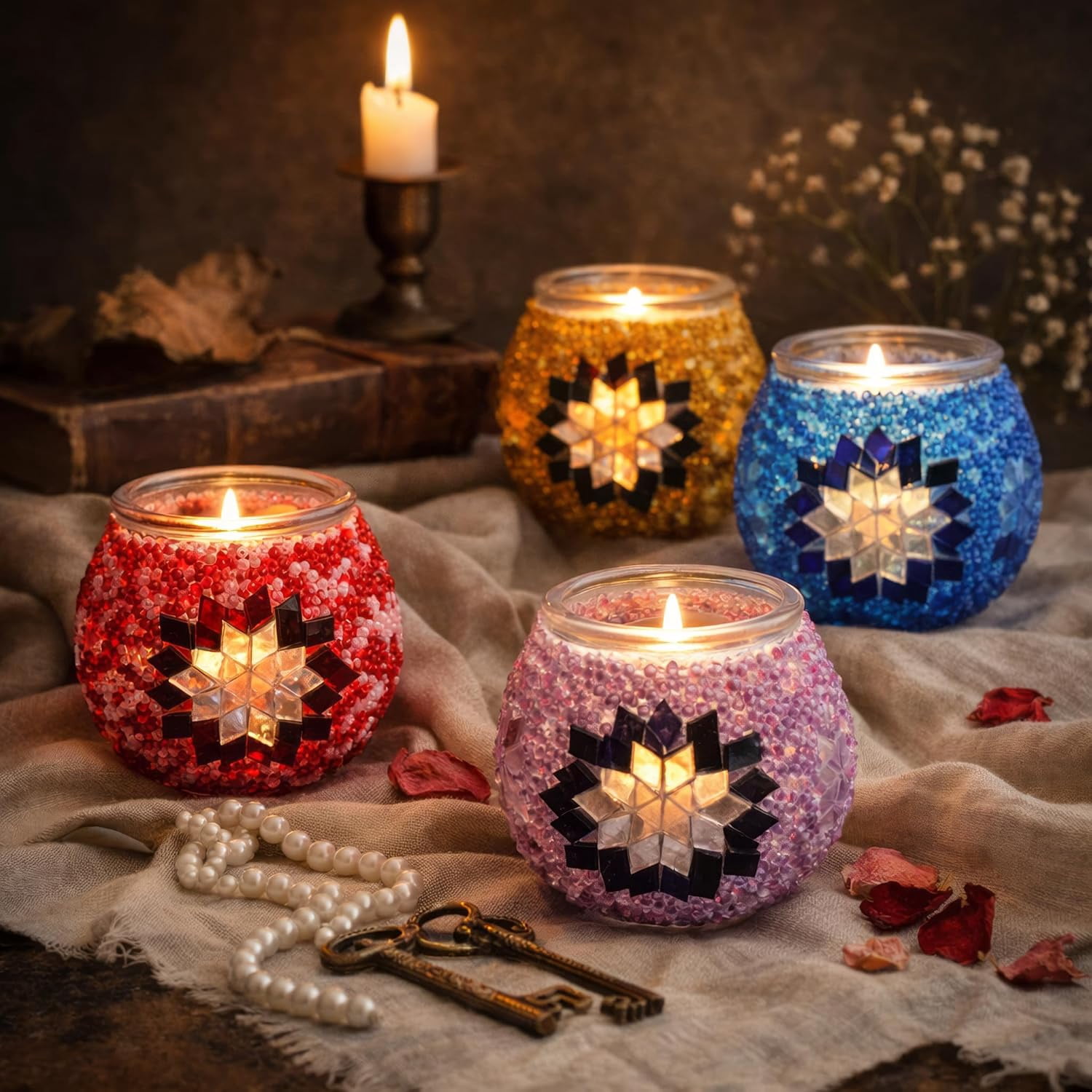 DEMMEX DIY Turkish Mosaic Tealight Candle Holder Kit - No Grout or Plaster - Complete Beginner Mosaic Art & Craft Project for Adults and Teens - 4x4 in. DIY Home Decor & Gift Set (Pink)
