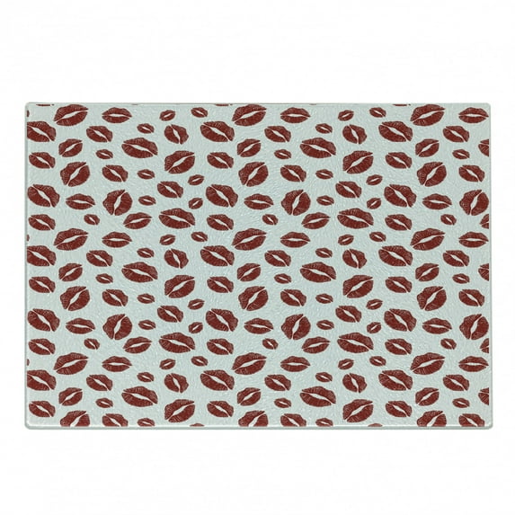 Kiss Cutting Board, Monochrome Design Warm Tone Girl Kises, Decorative Tempered Glass Cutting and Serving Board, Small Size, Ruby and White, by Ambesonne