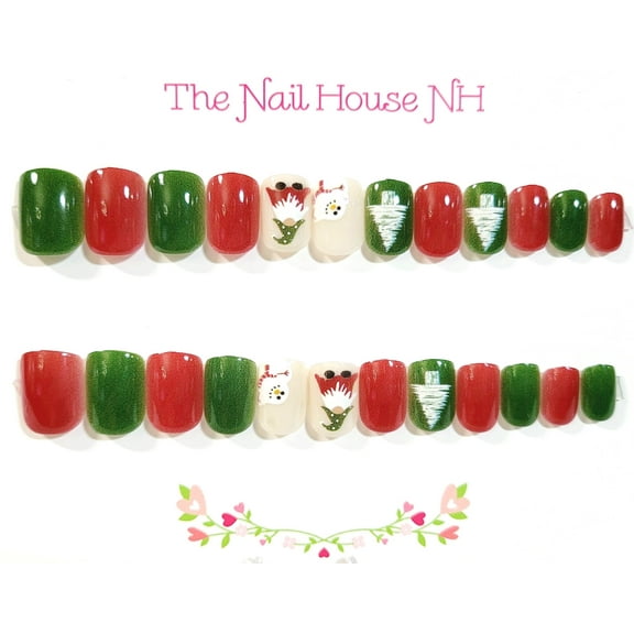 George The Gnome And His Snowman Glossy Extra Short Square Press On Nails - 24 Pieces - Artificial Nail Kit - Christmas Nails