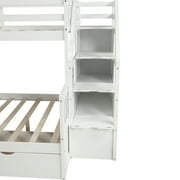 Euroco Wood Twin over Full Bunk Bed with 2 Drawers and Slide, Storage Staircase for Bedroom, White