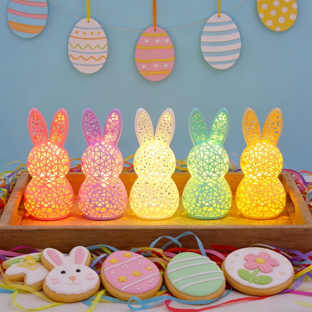 Lámpara de mesa de conejito de Pascua – Luz de conejos huecos | Decoración festiva, uso interior y exterior, diseño intrincado | Modelo no especificado | Multicolor | 12,5x6cm