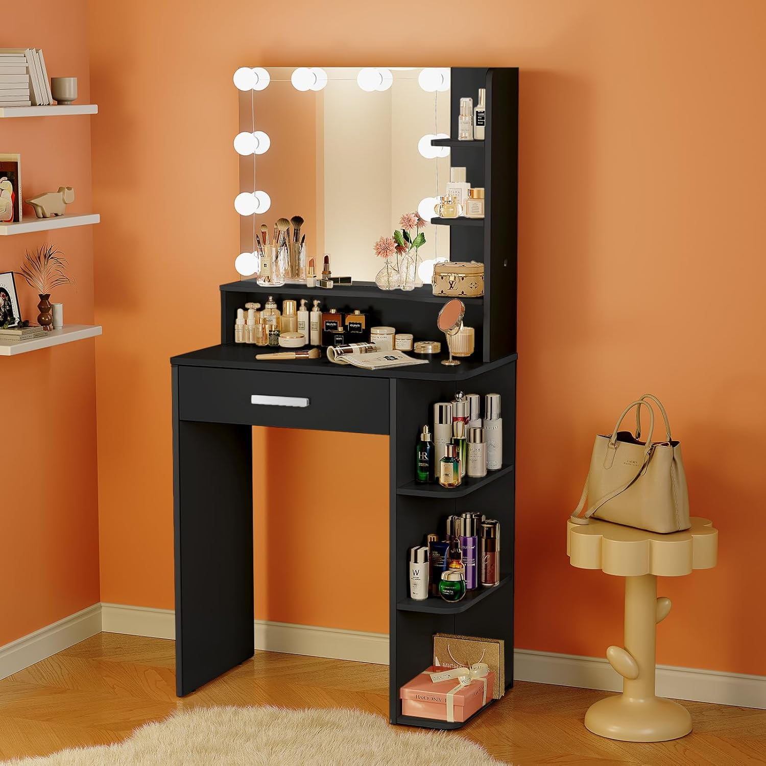 Makeup Vanity Desk with Mirror and Lights, NEORIVER Black Vanity Mirror with Lights with Large Drawer and 6 Level Storage, Black Vanity with Large Led Mirror with 3 Color Lighting Modes