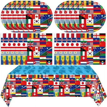 41 PCS International World Flags Decorations International Flags Themed Disposable Tableware Around the World Decorations Plates Napkins Tablecloth for Travel Trip Around the Globe Retirement Party