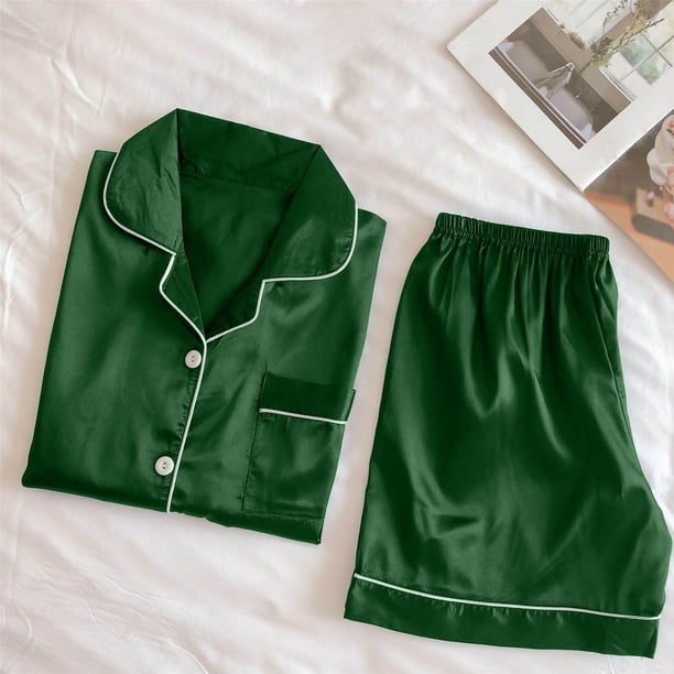 Penkiiy Womens Silk Satin Pajamas Set Two piece Pj Sets Sleepwear Loungewear Button Down Pj Sets XL Green Walmart