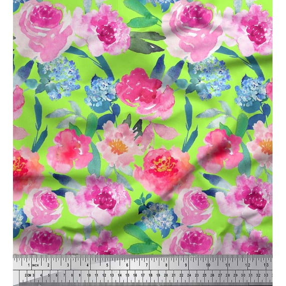Soimoi Satin Silk Fabric Flower & Leaves Watercolor Decor Fabric Printed Yard 42 Inch Wide