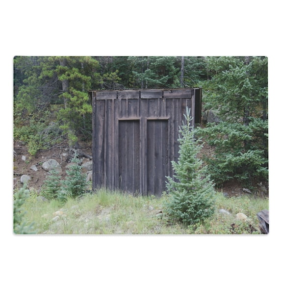 Outhouse Cutting Board, Farm Life House Wooden Door of Cottage Hut in Woodland Leaves Art Print, Decorative Tempered Glass Cutting and Serving Board, Large Size, Dark Brown and Green, by Ambesonne