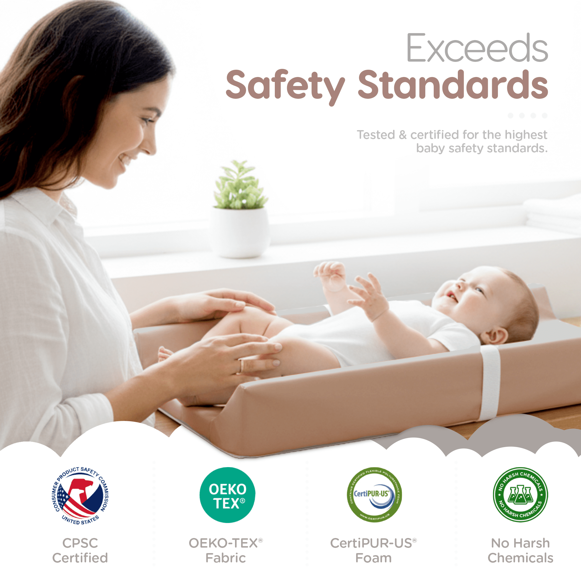 Waterproof Diaper Changing Pad by Sleepah – Vegan Leather – Wipeable Foam Changing Pad for Dresser or Table with Removable, Machine-Washable Cover – Standard Size Diaper Changing Pad – Tan