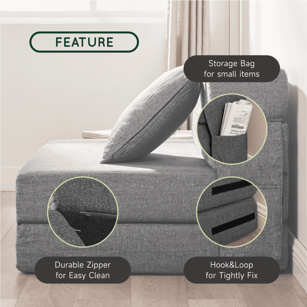 Z-hom Folding Sofa Bed,Twin Size Floor Couch Memory Foam Mattress Adjustable 6" Convertible Sleeper Chair with Pillow & Washable Cover,Adult, Dark Grey