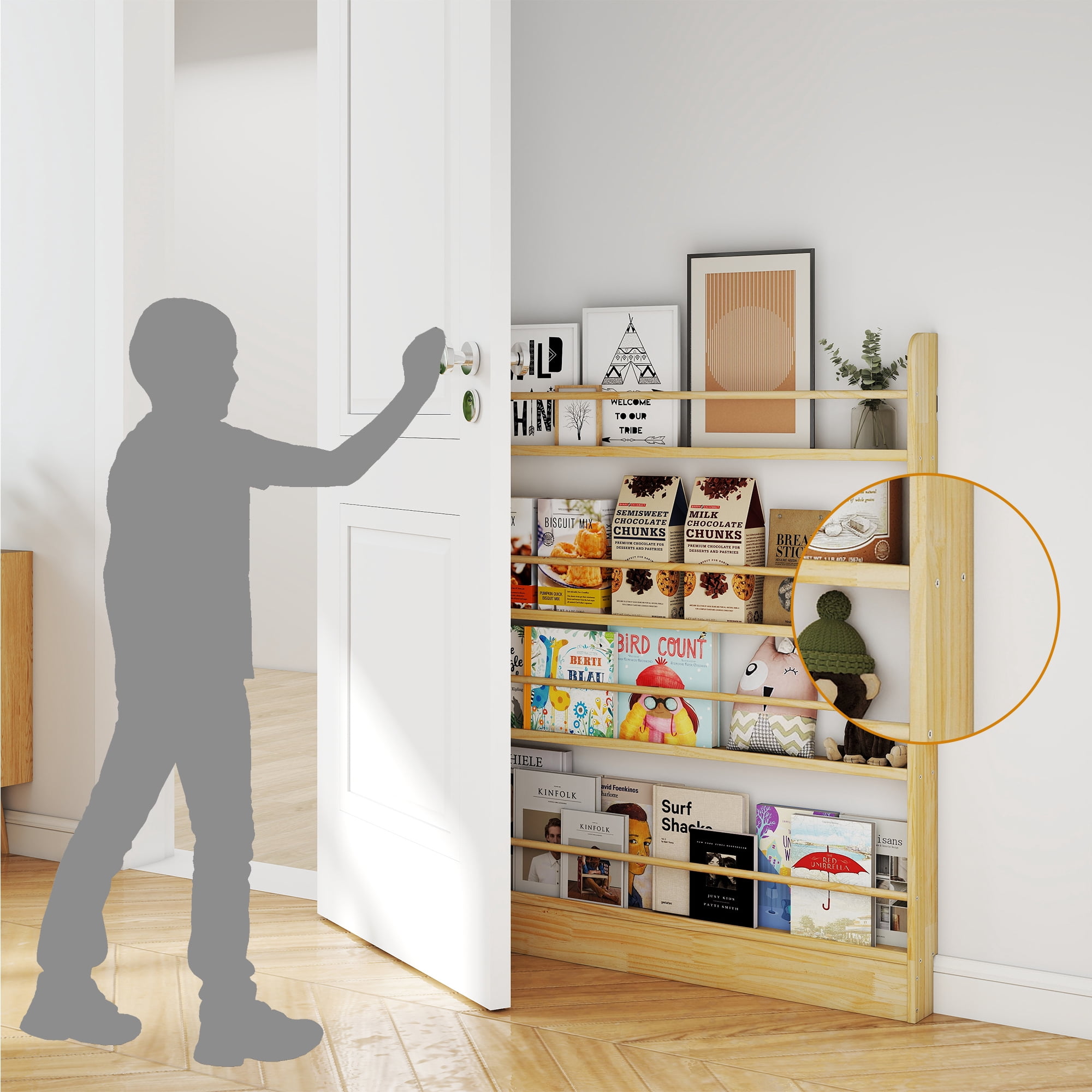 VGBYUJ Behind The Door Bookshelf, 4 Tier 47.4" Behind The Door Storage Organizer, Space-Saving Wall Mount Bookcases for Narrow Space, Solid Wood