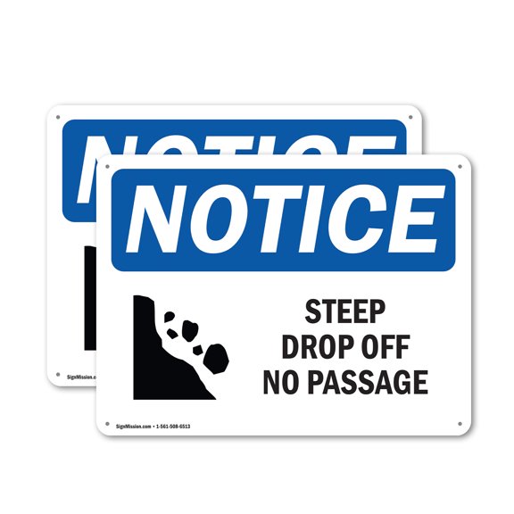 (2 Pack) Steep Drop Off No Passage OSHA Notice Sign 14 Inch X 10 Inch Indoor / Outdoor Rust-Free Aluminum Metal Signs for Workplace, Workshop, and Construction Site, Made in the USA