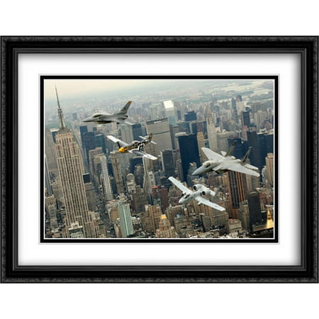 P-51 Mustang Flying of New York City 2x Matted 36x28 Large Black Ornate Framed Art Print by The Cityscape Art Print Series
