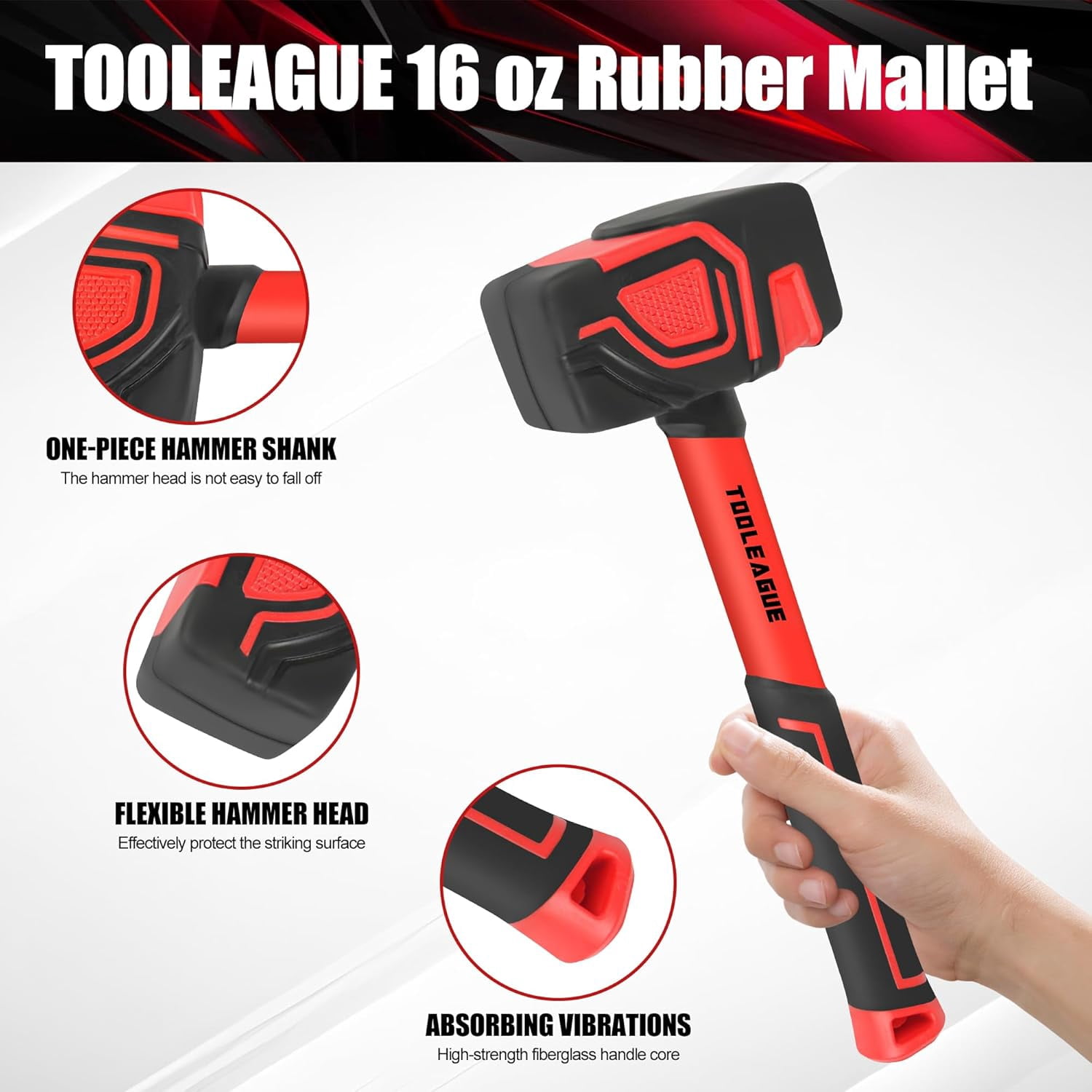 RGHJAR-2Pcs Hammer Set,16oz Rubber Mallet & 35mm Double-Faced Soft Mallet for Camping, Woodworking, DIY Projects, Landscaping,Flooring, Tent Stakes, Black and Red