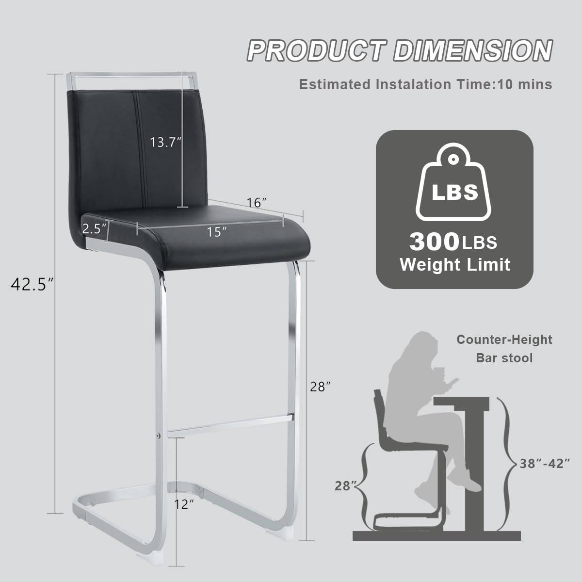 Lecut 30" Counter Height Bar Stools Set of 2, Modern Upholstered PU Leather Bar Stools with Back and Silver Chrome Plated Metal Frame, Armless Bar Chairs for Kitchen Island (Black+Silver)