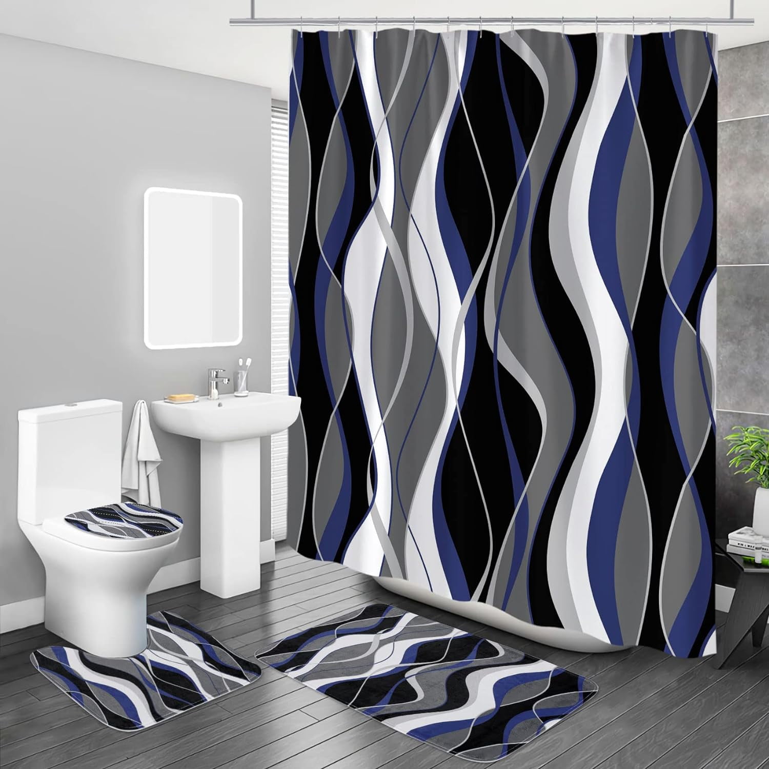 4 Pcs Striped Shower Curtain Sets with Rugs for Bathroom Decor, Grey  Bathroom Sets with Shower Curtain and Rugs, Modern Fabric bathroom decor sets accessories, Orange and Black