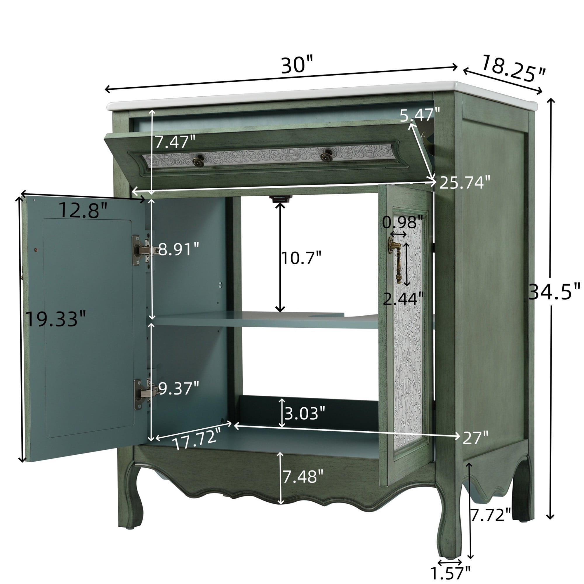 SogesPower 30" Antique Pattern Bathroom Vanity with Ceramic Sink, Solid Wood Bathroom Makeup Cabinet with Tip-Out Tray / Flip-Out Drawer, FreeStanding Single Basin Vanity Set, Antique Green + Blue